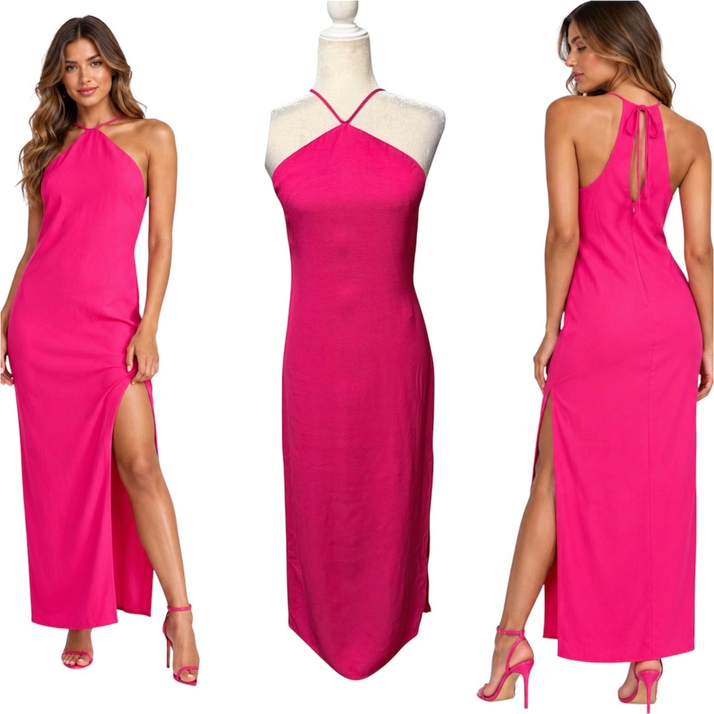 Babaton Maxi Dress Womens XS Halter Fuchsia Pink Slit Barbie Feminine Romantic